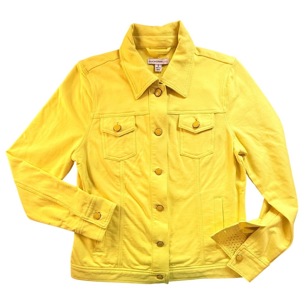 Isaac Mizrahi Live Lemon Yellow Knit Denim Style Jacket Eyelet Detail Small NWOT